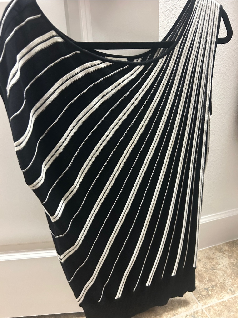 Cache Black and White Striped One-Shoulder Dress